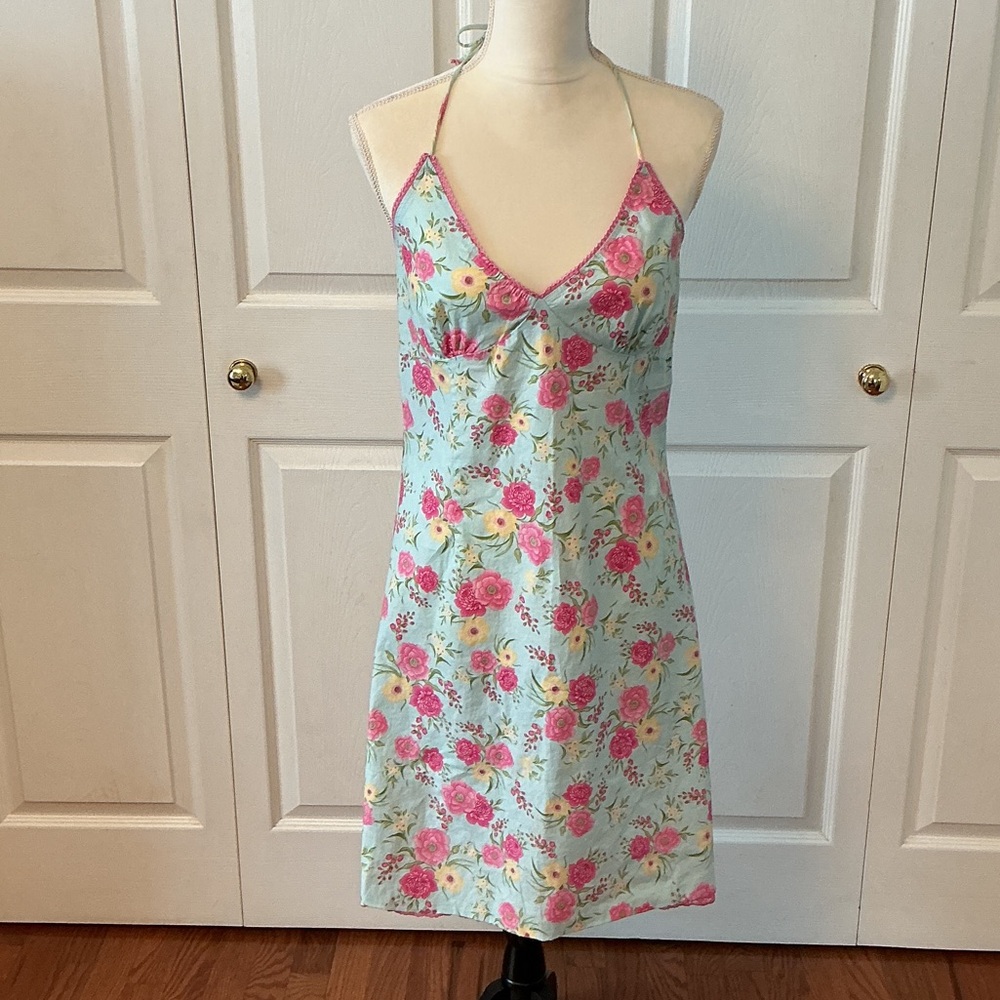 Backless Floral Slip Dress - Pink & Light Blue